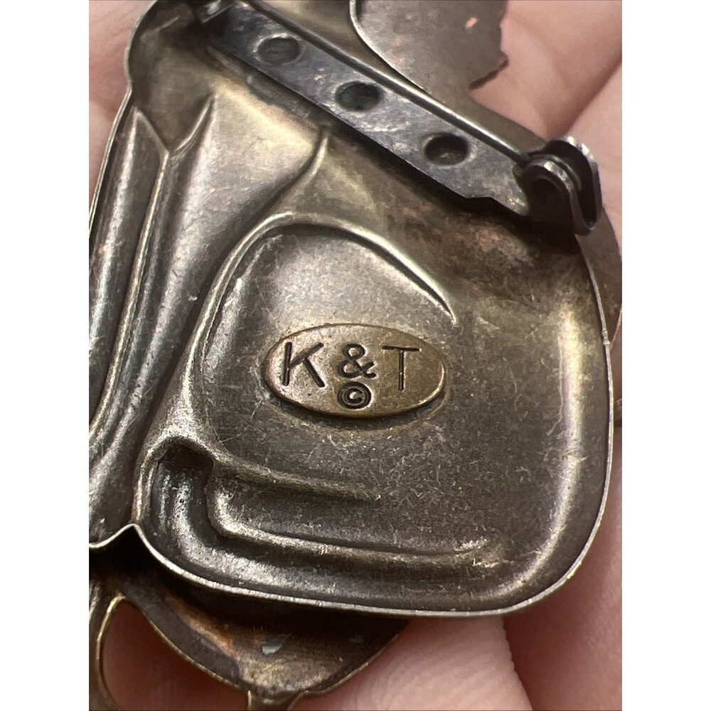 Vintage CAT PIN Signed K&T 3 Cats Brass Pewter Copper Tone Silver tone Brooch 3” - Picture 6 of 7